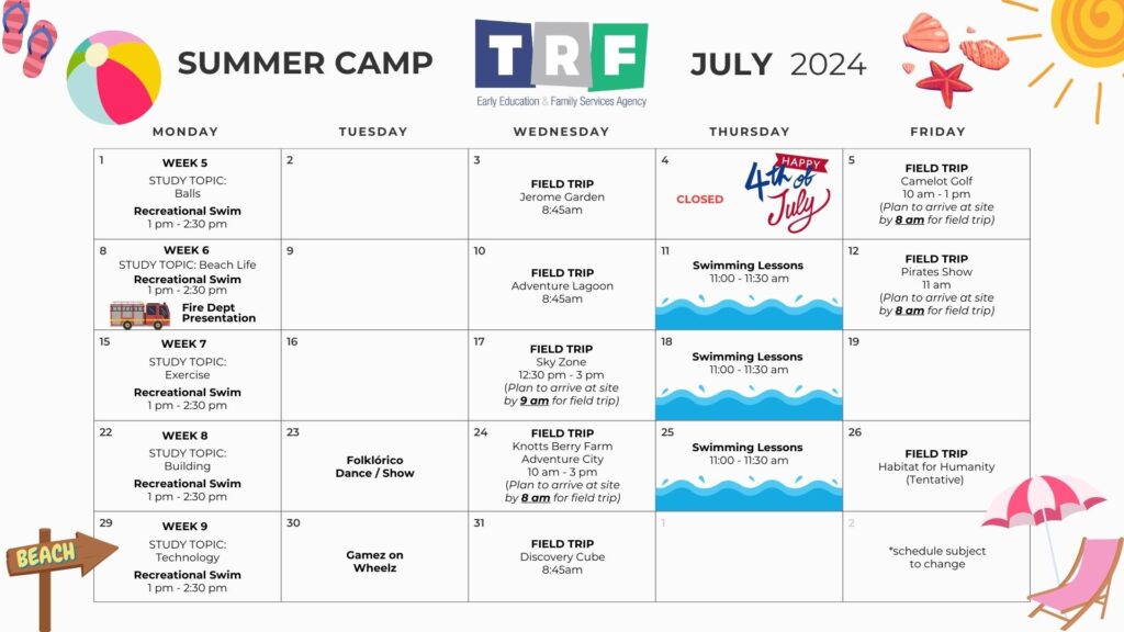 July Summer Camp Calender 2024